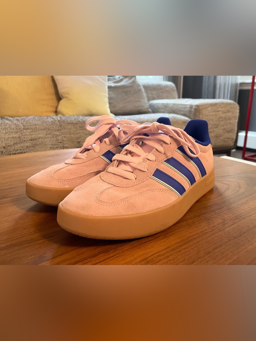 adidas Pink Suede Sneakers with Blue Stripes